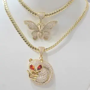 Rubin Lémur & Butterfly Pendant on Thick Gold-Plated Chain 17 Inch x 4mm Water-Resistant Necklace with Ruby Eyes and Diamond Accents