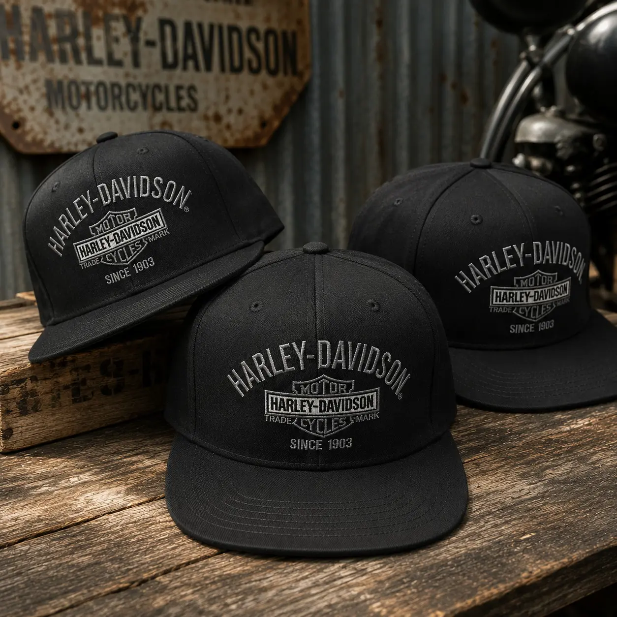 Harley-Davidson Black Embroidered Snapback Hat, Structured Flat Bill Motorcycle Baseball Cap, Adjustable Biker Streetwear Hat for Men and Women