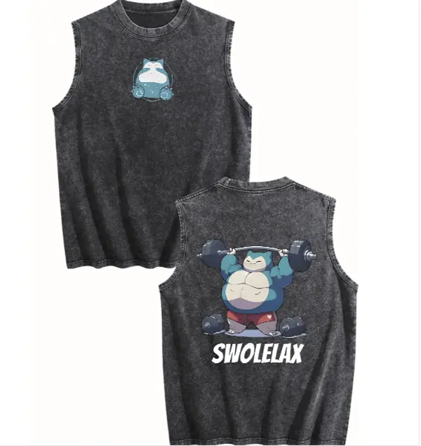 Men's Oversized Anime Snorlax Graphic Gym Vest - Heavyweight Vintage Washed Cotton, Funny Workout Apparel, Anime Merchandise