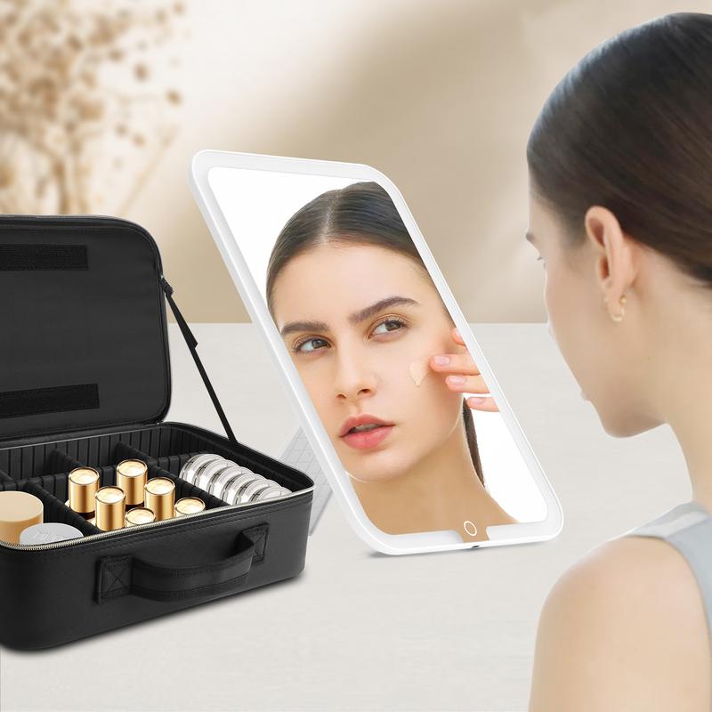 15''X11'' Large Makeup Bag With Removable Lighted Mirror, Professional Travel Makeup Train Case PU Leather Cosmetic Make Up Organizer With Adjustable Dividers & Brush Storage Board