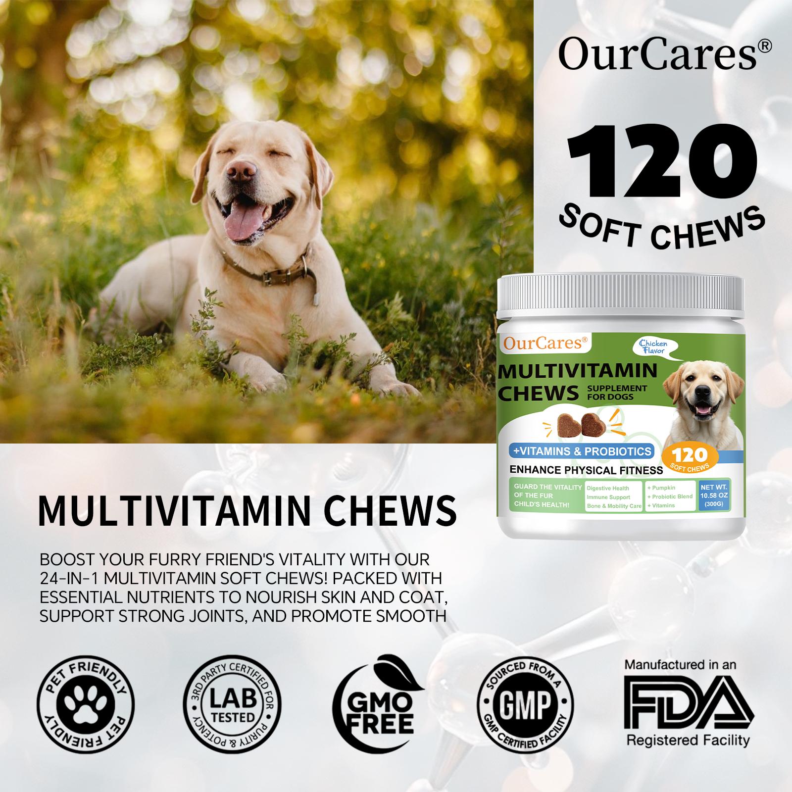 OurCares Dog Multivitamin Supplements 120 Count Dog Multivitamin Chewable  Immune Joint Support Skin Gut Health Glucosamine & Probiotics - Safe for Senior & Puppy Multivitamin - Chicken Flavor Pet Daily Chews Snacks