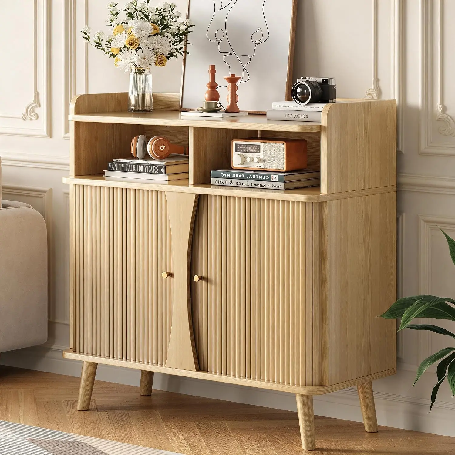 Decofy Fluted Sideboard Buffet Cabinet with Storage, 39.9" Console Cabinet | Open Storage Shelves & Adjustable Shelves, Sliding Doors for Kitchen, Living Room, Entryway, Coffee Bar Cabinet
