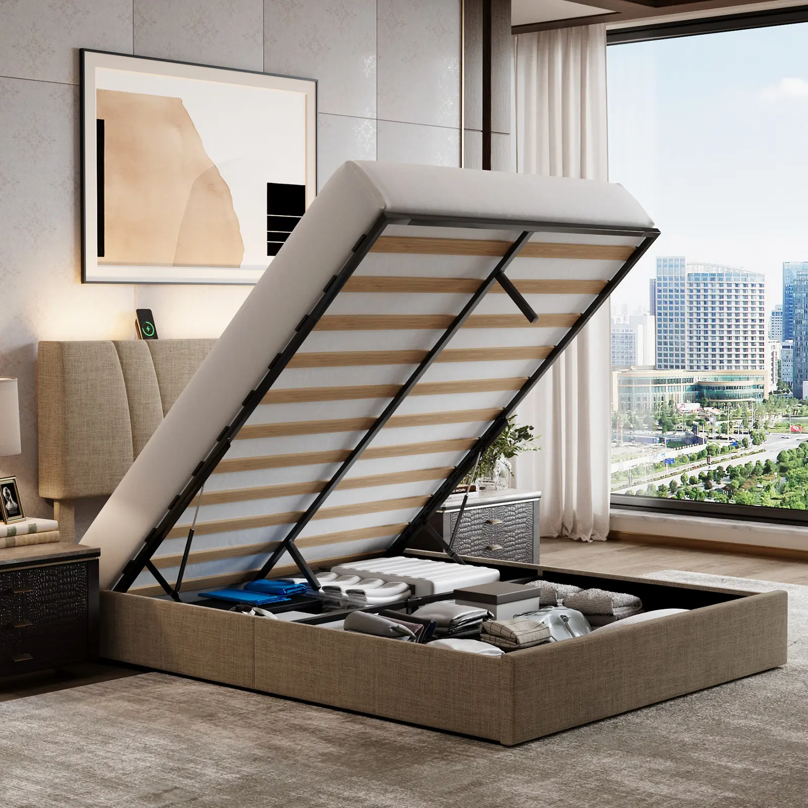 AVENCO Full/Queen/King Lift Up Storage Drawers Storage Bed Frame, 3-Height Adjustable Upholstered Headboard with Charging Station and LED Light, Hydraulic Support Full/Queen/King Size Bed Frame, Charging Port