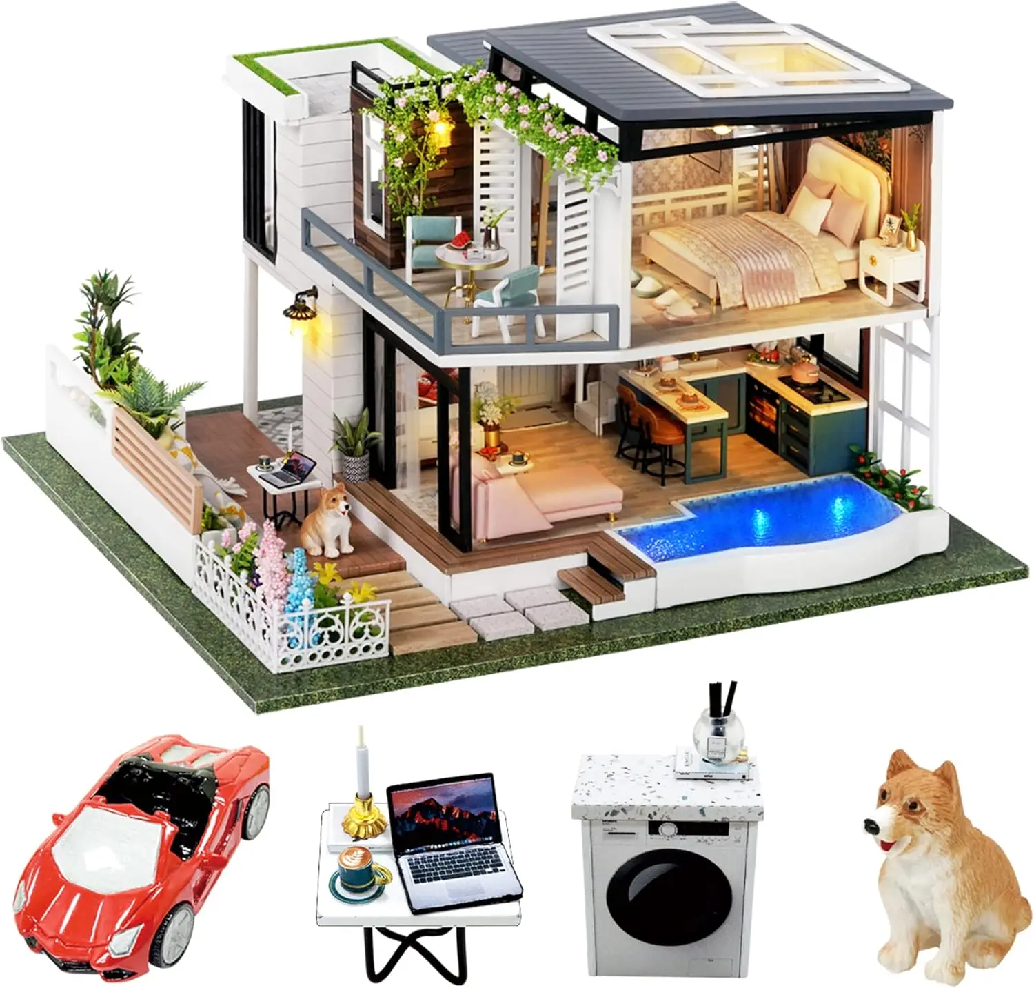 Spilay 1:24 Scale DIY Eco-Friendly Wooden Dollhouse Miniature Kit - West Creek House, 2.54 lb, 8.07x9.65x6.1 in, Handmade Craft with Furniture, Cloth, Dust Cover, Music Box, Car, Manual, Scale Model Doll Houses Gift for Adults (Birthday, Thanksgiving)