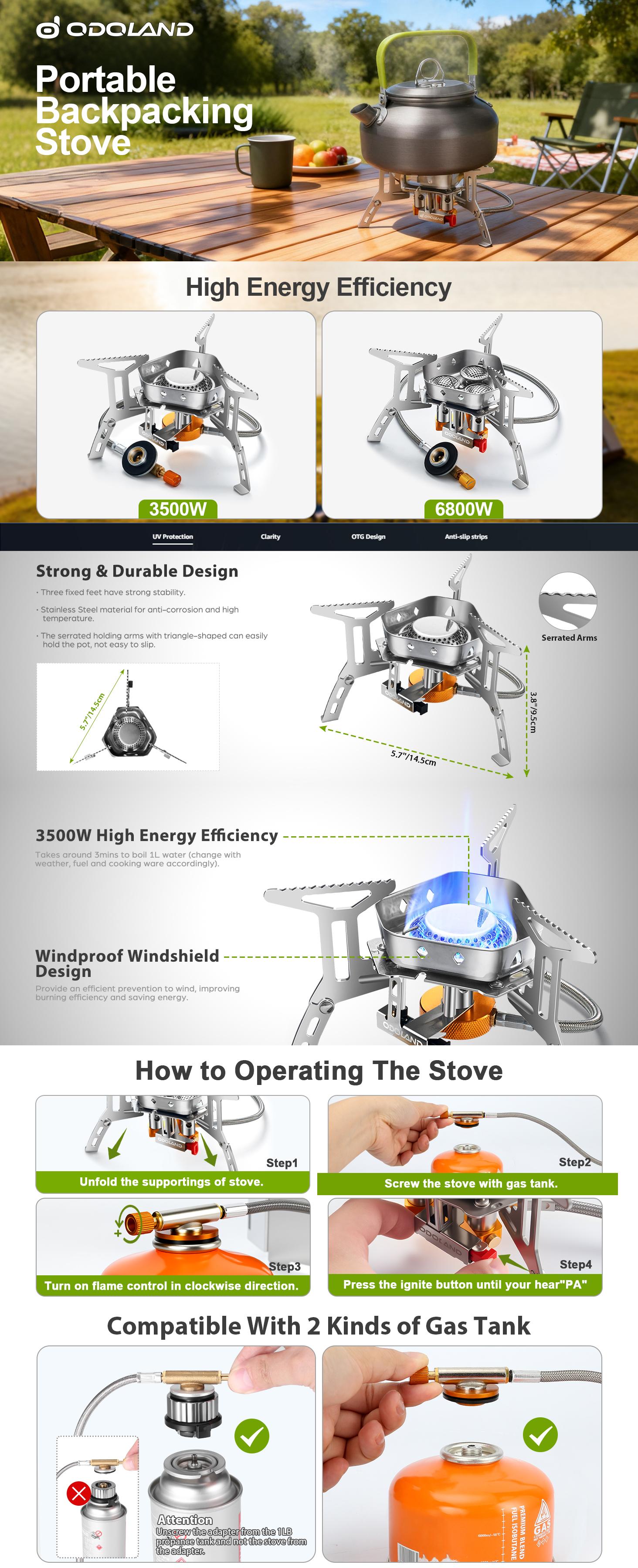 Odoland 3500W Windproof Camp Stove Camping Gas Stove with Fuel Canister Adapter, Piezo Ignition, Carry Case, Portable Collapsible Stove Burner for Outdoor Backpacking Hiking and Picnic