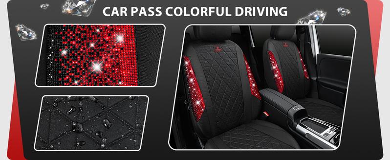 CAR PASS Oxford Bling Diamond Car Seat Covers 2 Front Interior Sets, Waterproof Shining Glitter Sparkly Crystal Universal Armrest Fit 95% Automotive Truck SUV Cute Women Girl, Black Red Rhinestone