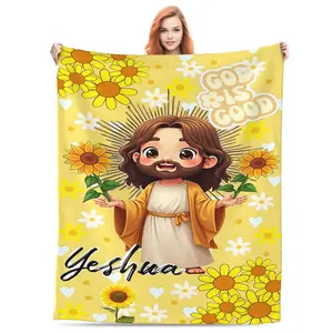 Yeshua Throw Blanket – Cute Jesus Cartoon with Sunflowers and "God Is Good" Design, Yellow Background, Soft Fleece Blanket for Faith-Based Gifts or Home Decor