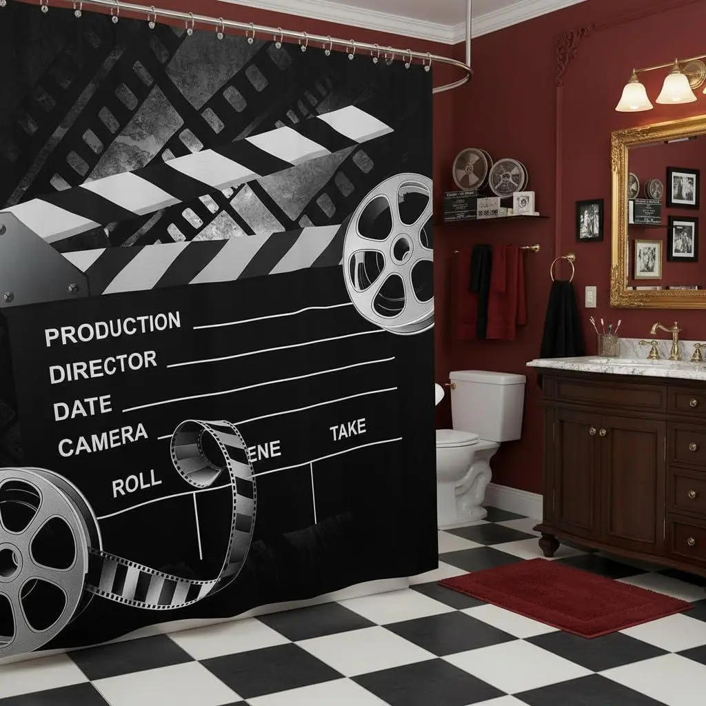 Cinema Poster Design Shower Curtain,Movie Theater Black Decorative Bath Curtain,7 Piece0's Vintage Cinema Home Bathroom Decor Polyester Fabric Waterproof