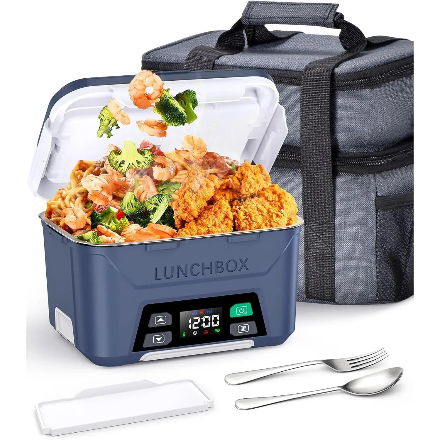 1.3L Synthetic Modern Portable Insulated Rechargeable Heated Lunch Box Warmer for Adults - Cordless Electric Thermal Box with Built-in Scheduled Heating, Meal Prep Tableware Set (Tray Divider, Lid, Fork, Plate & Full Accessories)