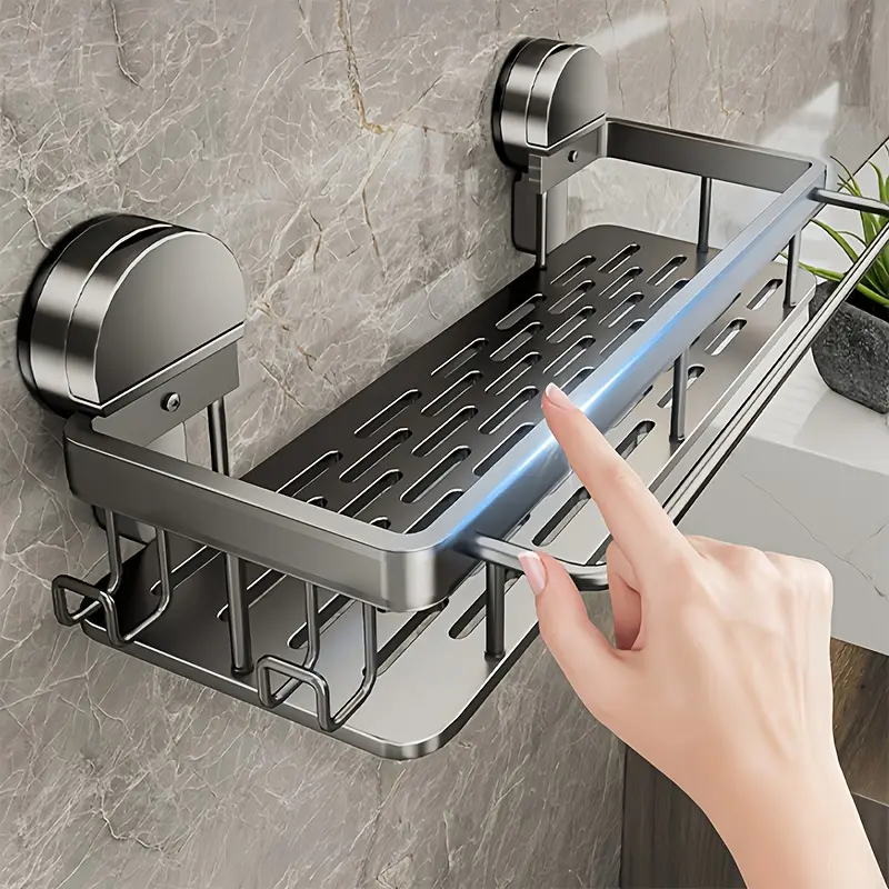 No-Drill Wall-Mounted Aluminum Bathroom Shelf, Drainage Design Bathroom Organizers, Bathroom Organizing Accessories, Heavy-Duty Detachable Design, Stylish Suction Cup, Easy to Clean