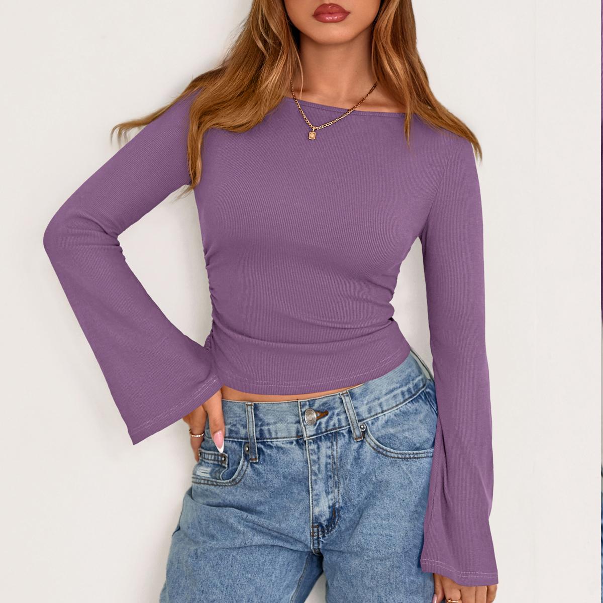 PrettyGarden Women's Long Sleeve Shirts 2025 Fall Crop Going Out Tops Casual Boat Neck Bell Sleeve Ribbed Ruched Y2K Clothes