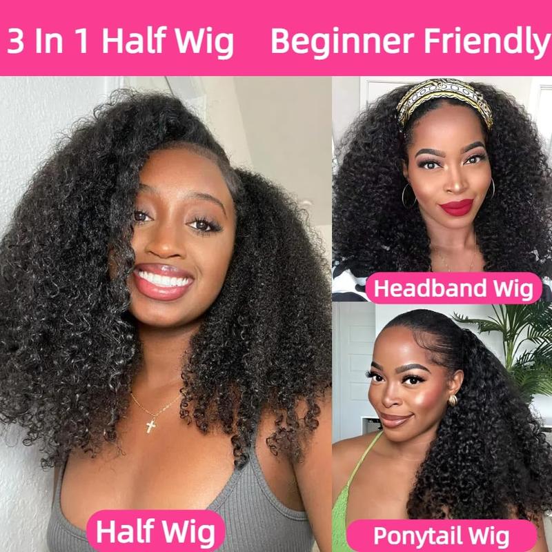 【3 In 1 Half Wig】Kinky Curly Half Wig Human Hair Burmese Curly 3 In 1 Half Wigs for Women V Part Burmese Curly Wig Human Hair Beginner Friendly Kinky Curly Wig Human Hair 180 Density