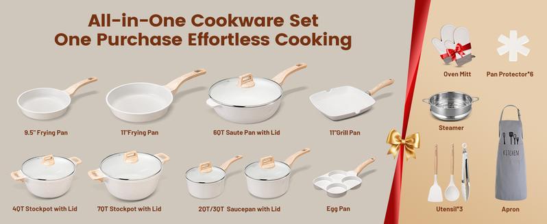 27PCS Pots and Pans Set, Nonstick Ceramic Cookware Set, Healthy Kitchen Cooking Set with Gloves, Apron, Silicone Tools & Pot Protectors, Oven & Dishwasher Safe, PFOA/PFOS Free，Ivory