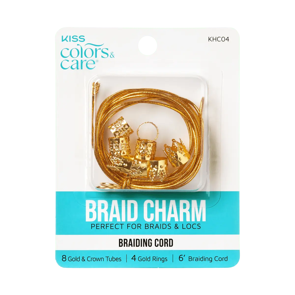Kiss Colors & Care Metal Hair Styling Braid Charms - Gold | 8 Crown Tubes, 4 Rings, 6in Braiding Cord, Hair Accessories