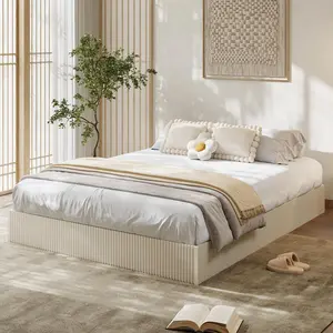 Garvee Cream Platform Bed Frame for Queen Size Mattress, Striated Wood Design, Low Profile Minimalist Base, Easy Assembly, No Box Spring Needed