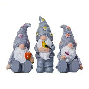 3 Resin Dwarfs Garden Statues with Fun Decorations of Butterflies, Birds and Mushrooms - American Country Style Christmas, Halloween, Thanksgiving Table or Shelf