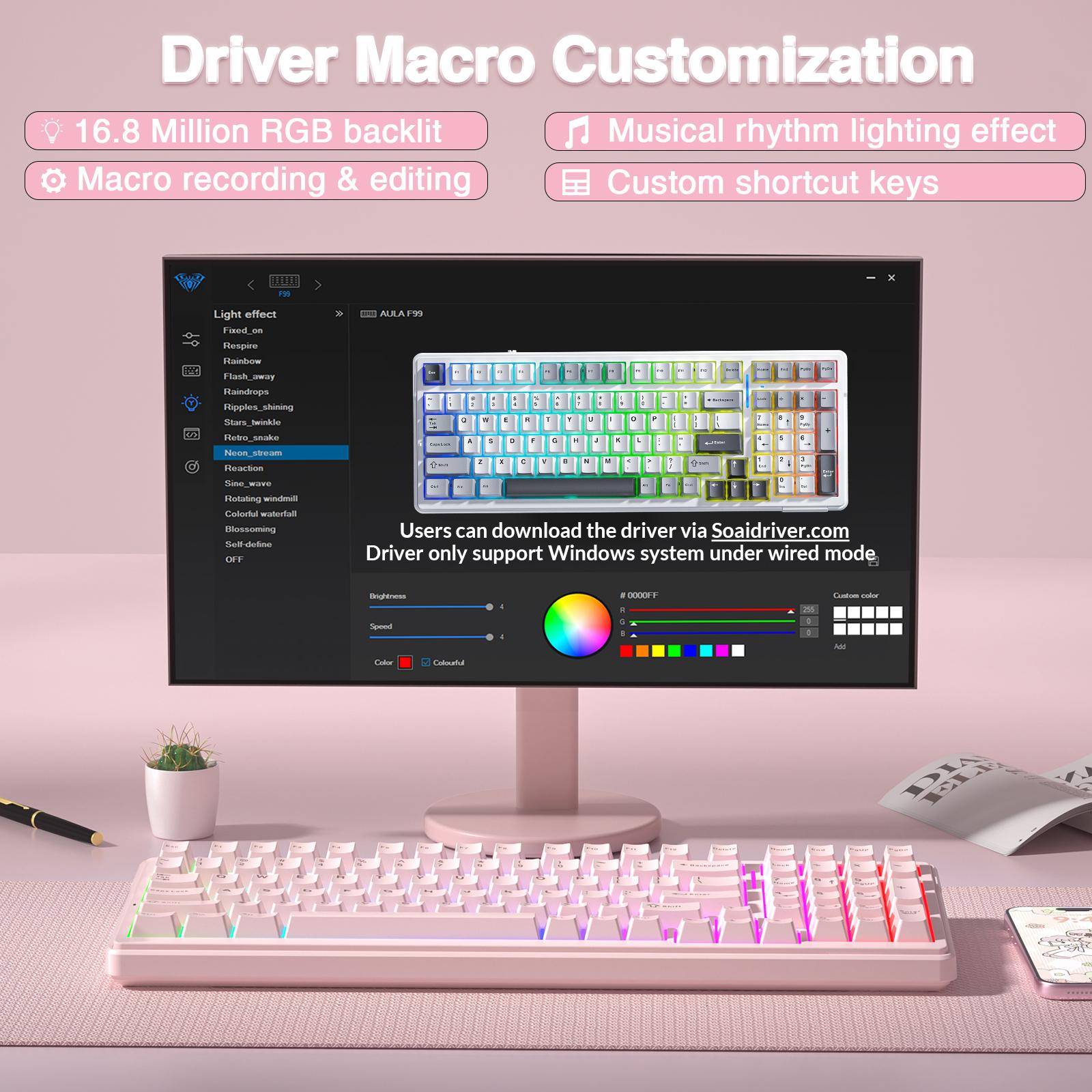[Silent] AULA F99 Wireless Mechanical Silent Keyboard with Numpad Tri-Mode BT5.0/2.4GHz/USB-C Gasket Hot Swappable RGB Backlit Pre-Lubed Linear Switch Creamy Gaming Keyboard Light Pink