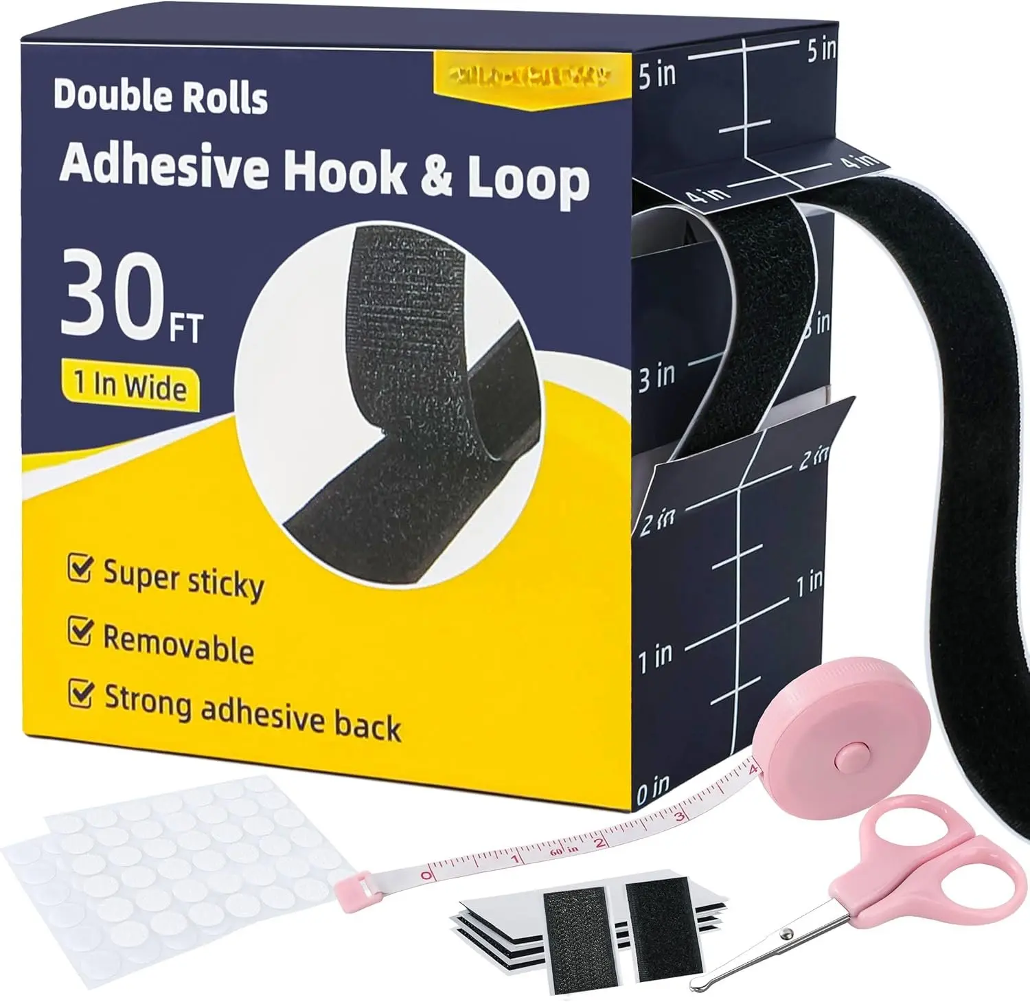 30Ft x 1 in Velcro Strips with Adhesive, Hook and Loop Strips with Adhesive, Double Rolls of Heavy Duty Interlocking Tape Fasteners Double-Sided Tape   Adhesive Mounting Tape (Black)