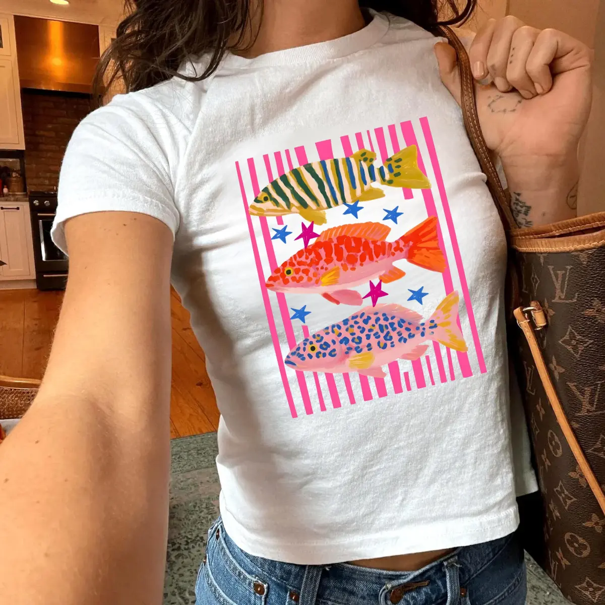 Colorful Fish Graphic Baby Tee, Coastal Summer Aesthetic Shirt, Retro Aquarium Art Top, Cute Oceancore Fitted Tee