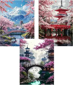 5D Diamond Painting Kit, 3-Pack Japanese Cherry Blossom & Pagoda Scenes, DIY Vibrant Asian Landscape Craft Set for Serene Zen Home Wall Decor & Gifts