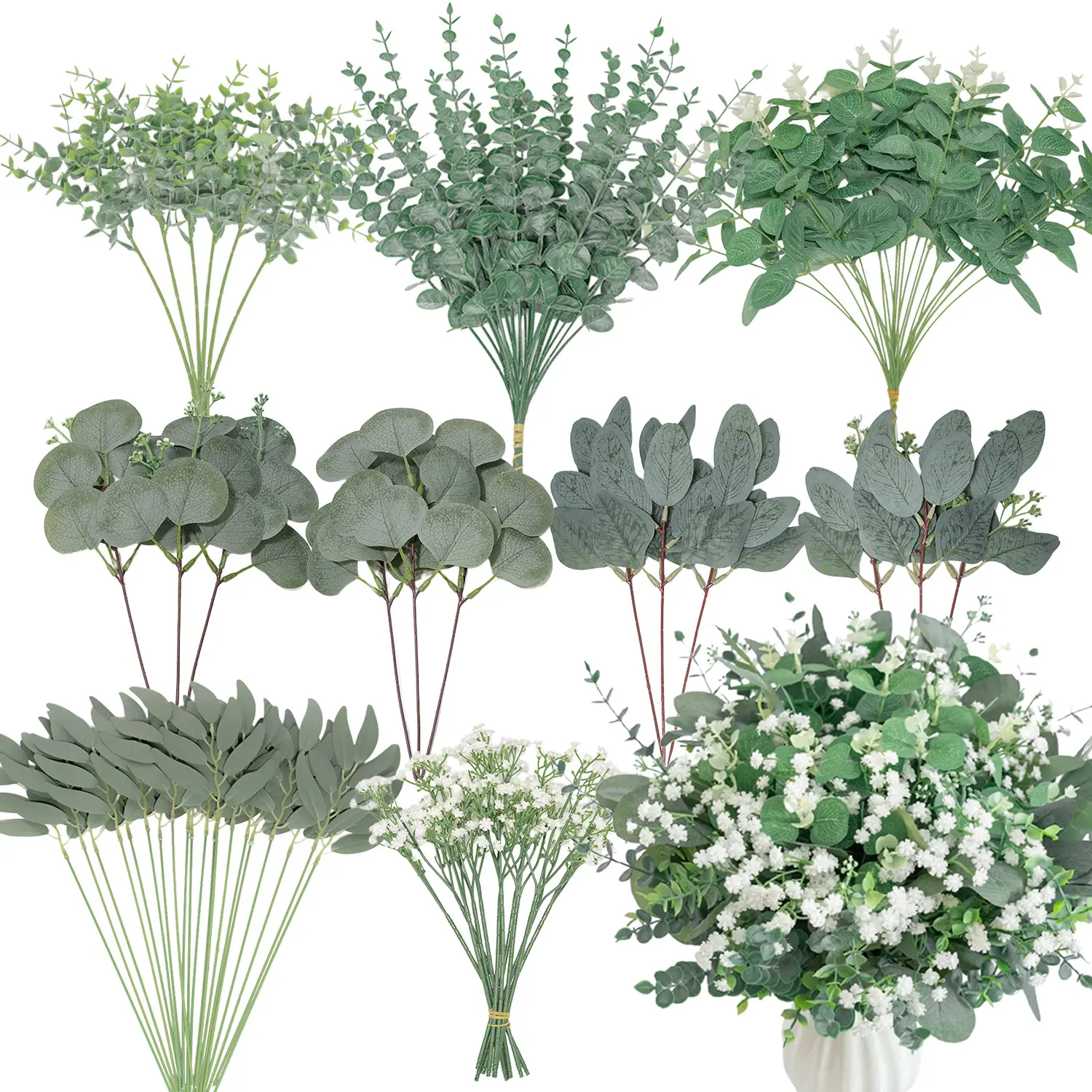 GOLVIG 100-Piece Flexible Silk Plastic Artificial Mixed Greenery Stems - 9 Kinds of Decorative Eucalyptus, Silver Dollar Leaf & Baby Breath Stems, Lightweight Natural-Look Floral Picks for Table, Bedroom Daily Decor