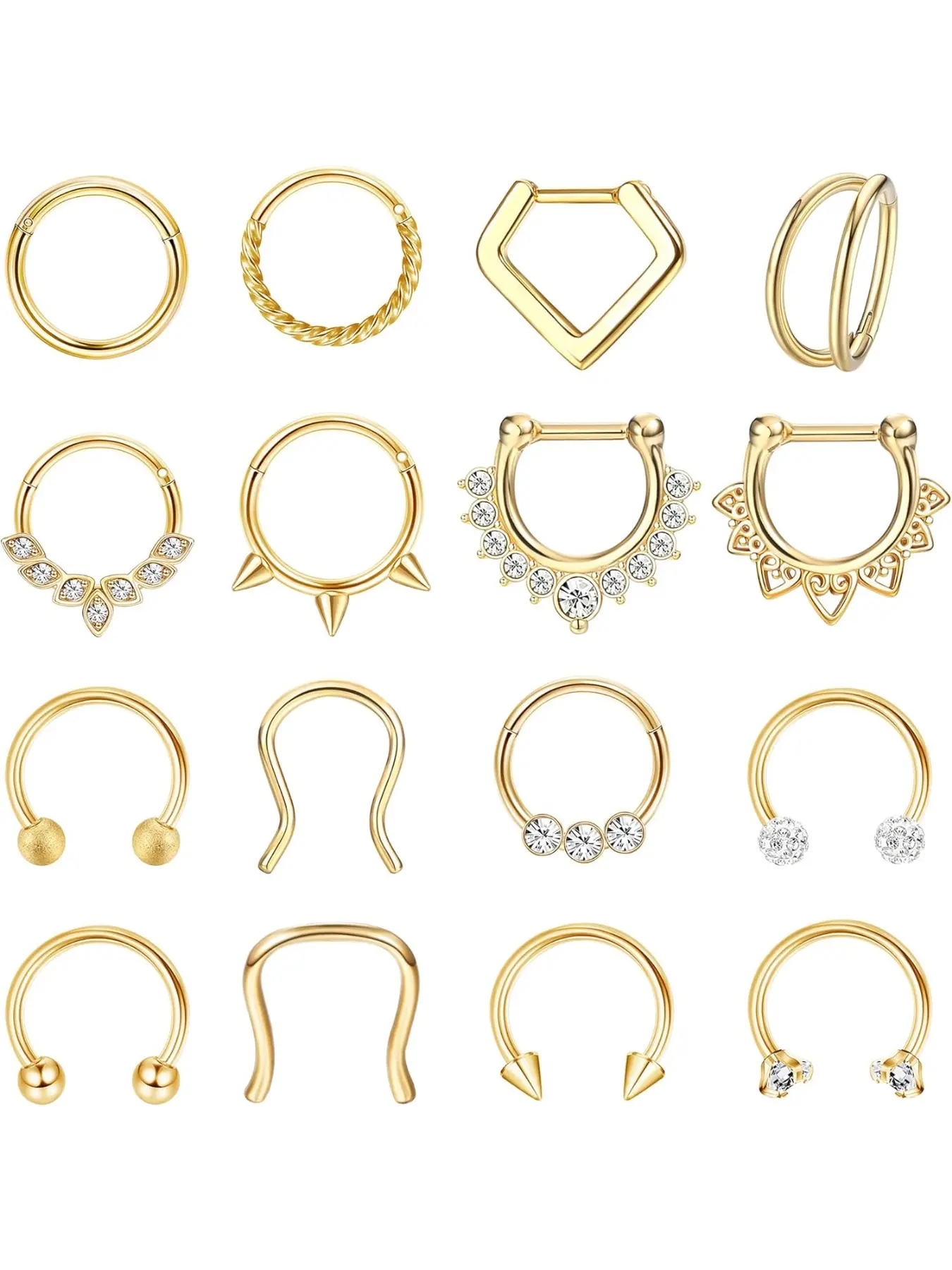 Hypoallergenic Septum Rings 16G 8mm Steel Clicker Nose Rings Hoops Set Small Lip Cartilage Helix Daith Piercing High Quality Body Piercing Jewelry for Women Men 16 Pcs Gold Plated Silver Black