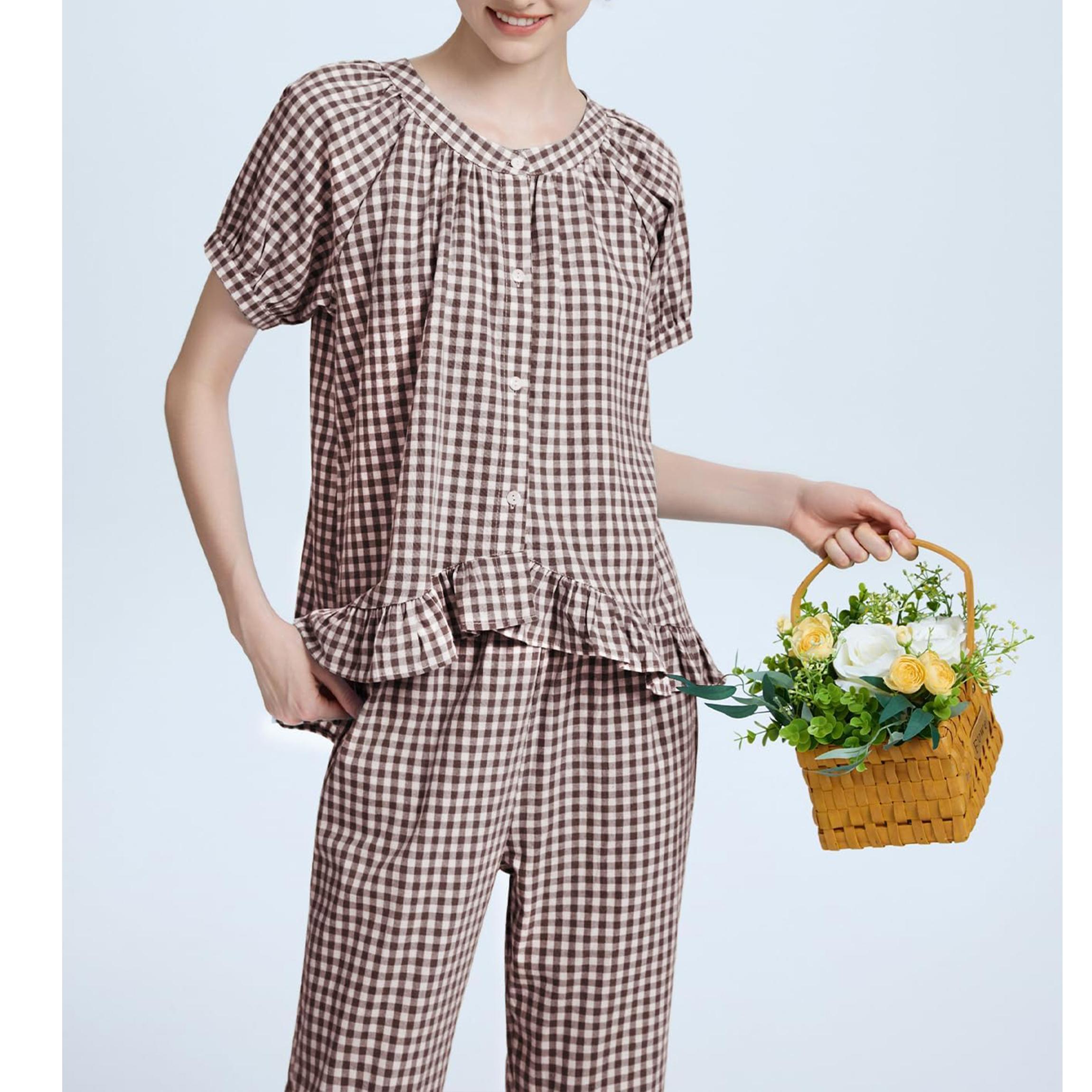 Buenoble Womens Plaid 2 Piece Pajamas Sets Gingham Button Down Puff Sleeve Babydoll Shirt Ruffle Pants Y2K Pjs Lounge Set SpringStatements