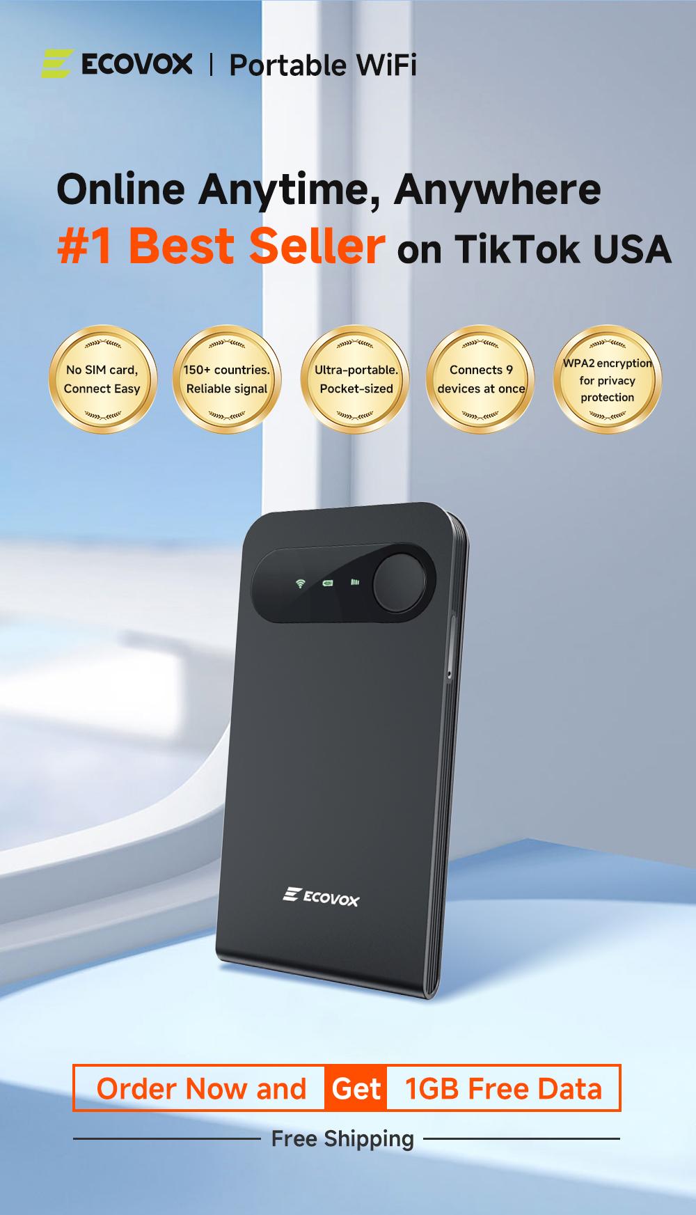 ECOVOX Wireless WiFi Hotspot, 4G LTE Pay-as-You-Go Portable Internet Device, No SIM Card/Contract, Auto Network Switching, 1-Port Single-Band, 9 Connectable Devices, Free 1GB Local Data for Campers, Outdoor Use