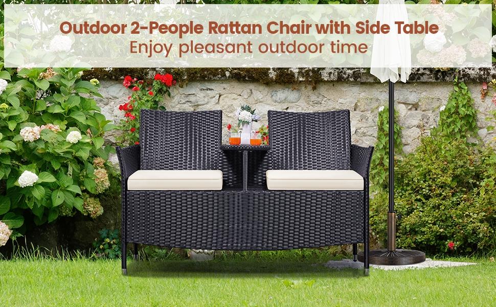 Yaheetech Patio Double Chair PE Rattan Furniture Set with Side Table for Two People Outdoor Loveseat with Removable Cushions & 1 Tempered Glass Side Table