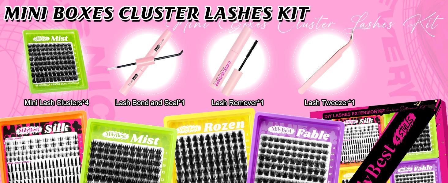 MilyBest 4Style Mini Boxes,1 Set Mixed Length Individval Eyelash Extensions Kit,Self Grafting False Eyelashes with Tweezers&Glue&Remover,Prefessional Eye Makeup Accessories for Women