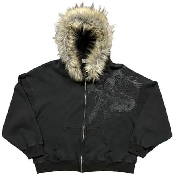 Men's Fur Zip Up Fashion Hoodies Oversize Sweatshirts Y2k Emo Jacket Graphic Vintage Scene Goth Grunge Clothes