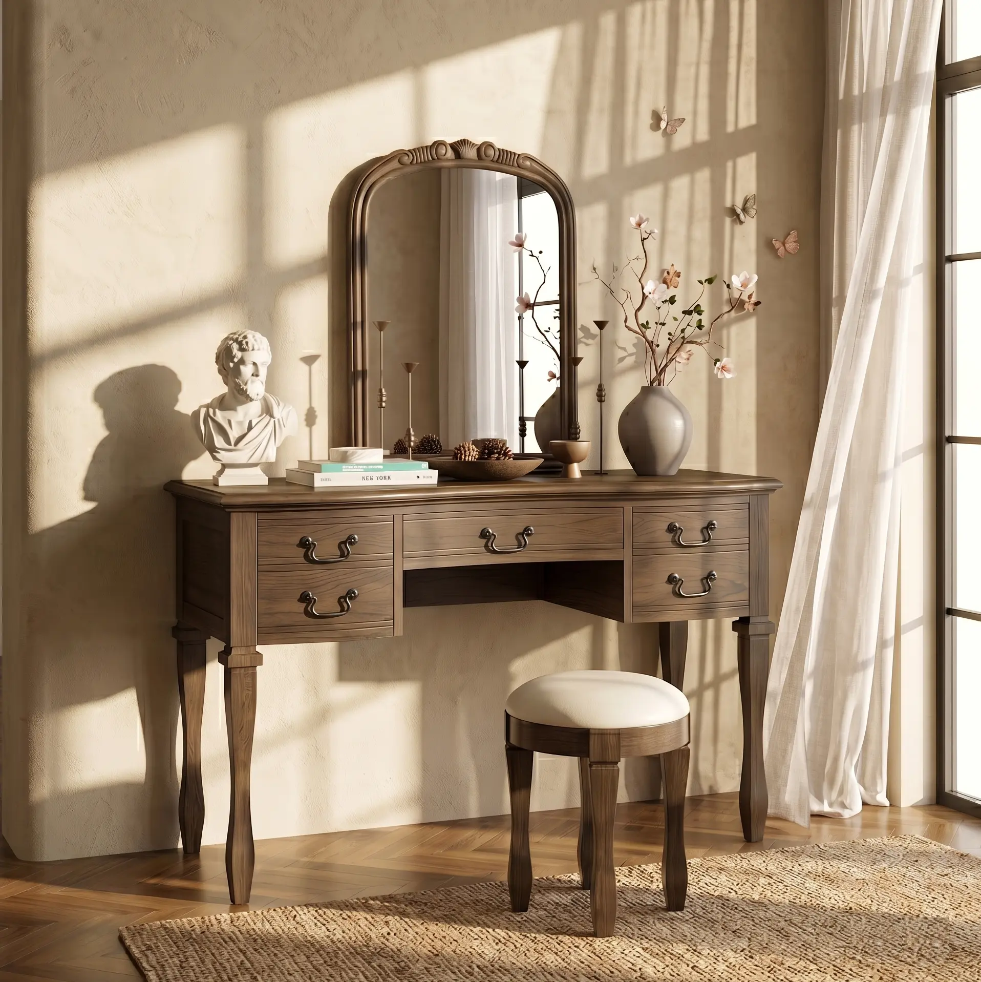 46" Vintage Makeup Vanity Table with Carved Floral Arch Mirror, Farmhouse Vanity Desk with 5 Large Drawers & Padded Leather Stool, Solid Rubber Wood Legs Antique Dressing Table for Bedroom,