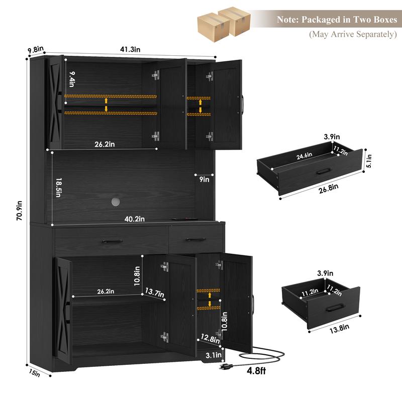 【2 packages shipping】HOSTACK 71" Tall Kitchen Pantry Storage Cabinet, Coffee Bar Cabinet with Charging Station,  Microwave Stand, Storage Drawers, Adjustable Shelves, 6 Doors