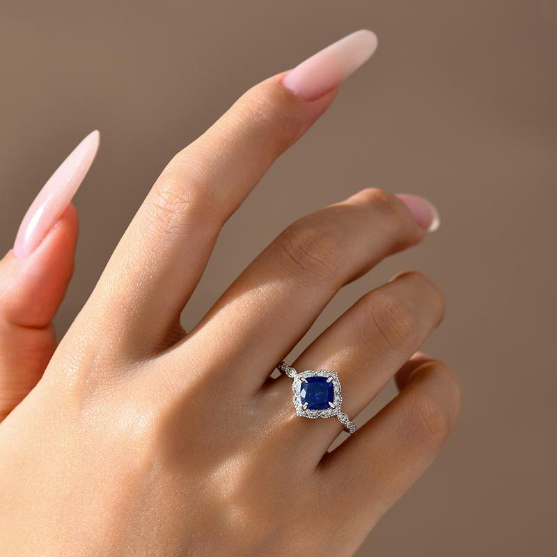 ATTAGEMS Cushion Cut 7.7mm Lab-Created Blue Sapphire Ring for Women 925 Sterling Silver Rings Fine Jewelry Party Holiday Engagement Gift R281