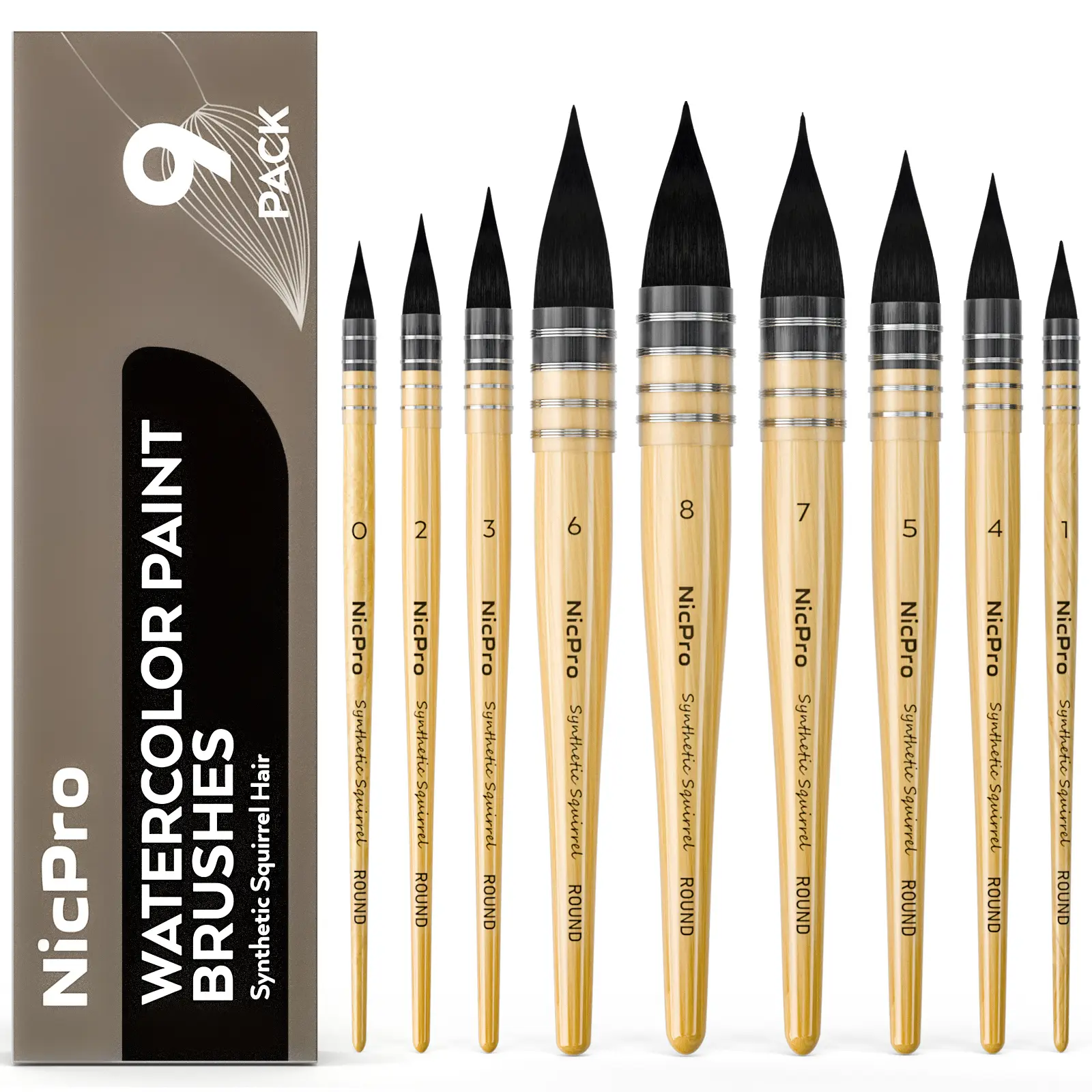 Nicpro 9-Pack Professional Round Tips Synthetic Squirrel Hair Paint Brushes, Art Supply Craft Tool with Nylon Bag, Ideal for Watercolor Art, Gouache Projects, Nylon Bag Pack