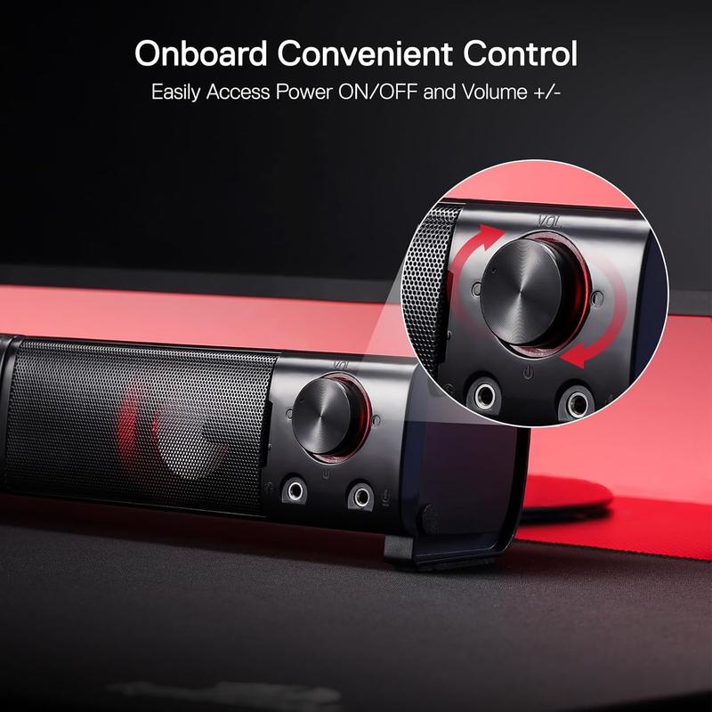 Redragon GS550 PC Audio Gaming Speakers, 2.0 Channel Desktop Computer Sound Bar with Compact Maneuverable Size, Headphone Jack, Quality Bass & Decent Red Backlit, USB Powered w/ 3.5mm Cable