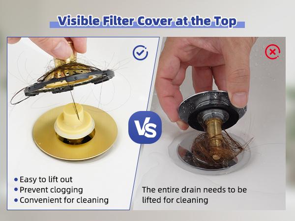 Universal Bathtub Drain Stopper Shower Drain Hair Catcher, Tub Stopper with Visible Top Strainer, Upgraded 3 in 1 Pop-up Drain Plug Fit for 1.5 to 2.4" Hole, Stainless Filter Basket, Brushed Gold