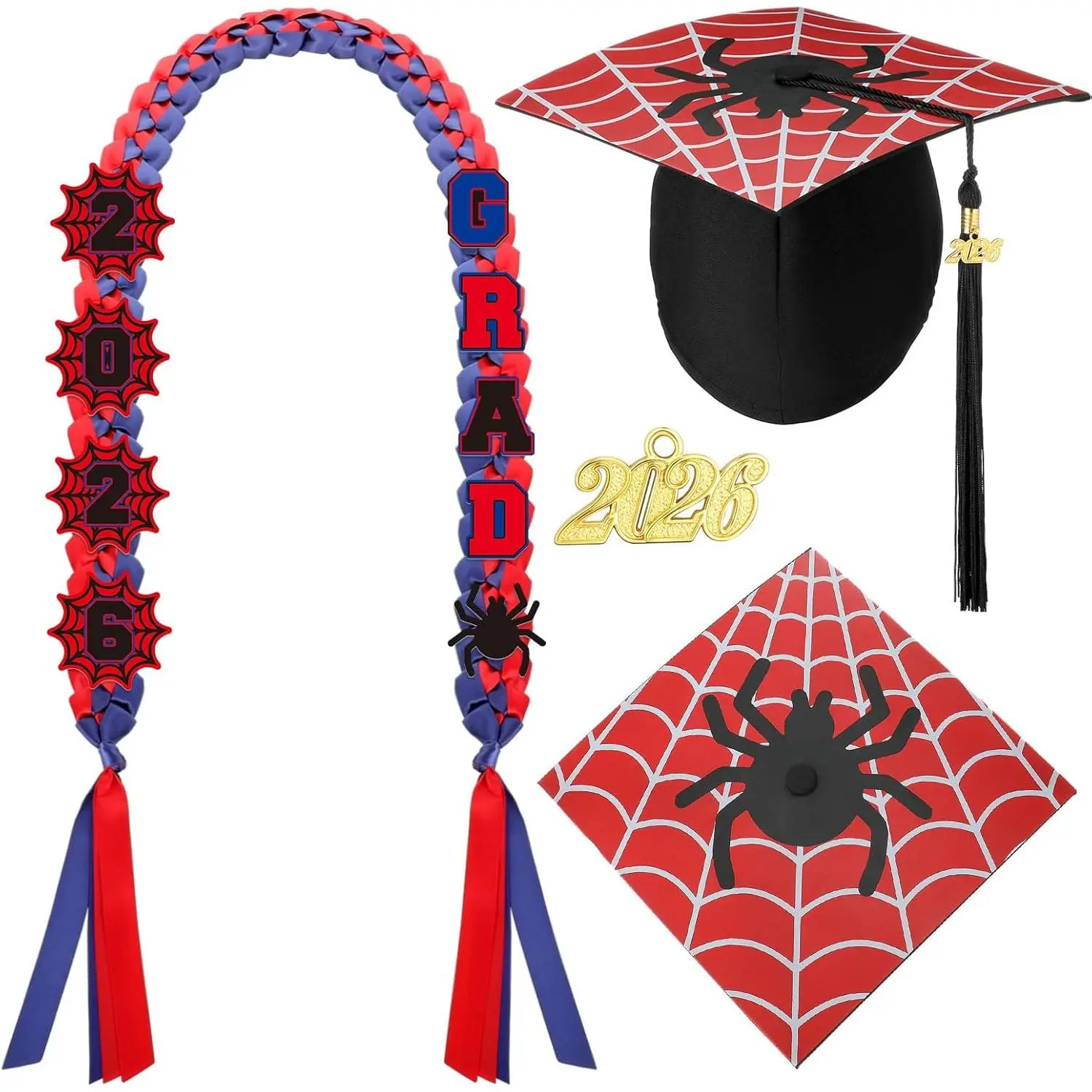 Dunzoom 11-Pcs Spider Graduation Ribbon Lei Set with Red Printed Grad Cap, Comfortable Decor & Photo Props for 2026 High School Students, Graduate Gifts & Celebration Party Supplies, Accessories