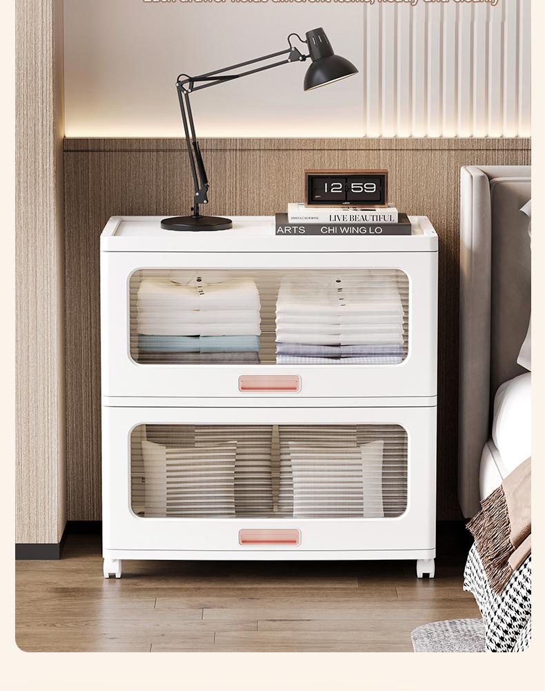 MiAoLi  4Tier Stackable Plastic Storage Cabinet System - Large-Capacity Storage Boxes with Doors and Casters, Space-Saving Folding Home Organization Solution for Bedrooms, Living Rooms, and Kitchens, Easy Assembly