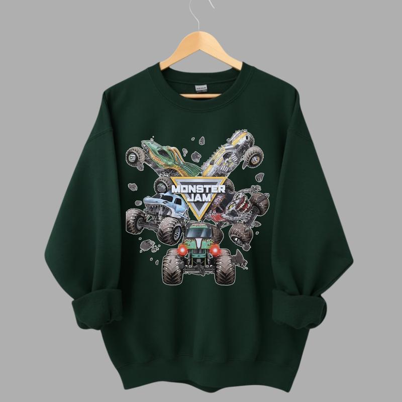 Monster Jam Graphic Sweatshirt, Monster Truck Apparel, Casual Daily Wear Sweater, Unisex Cotton, Trendy Outfits, Classic Short Sleeve, Streetwear