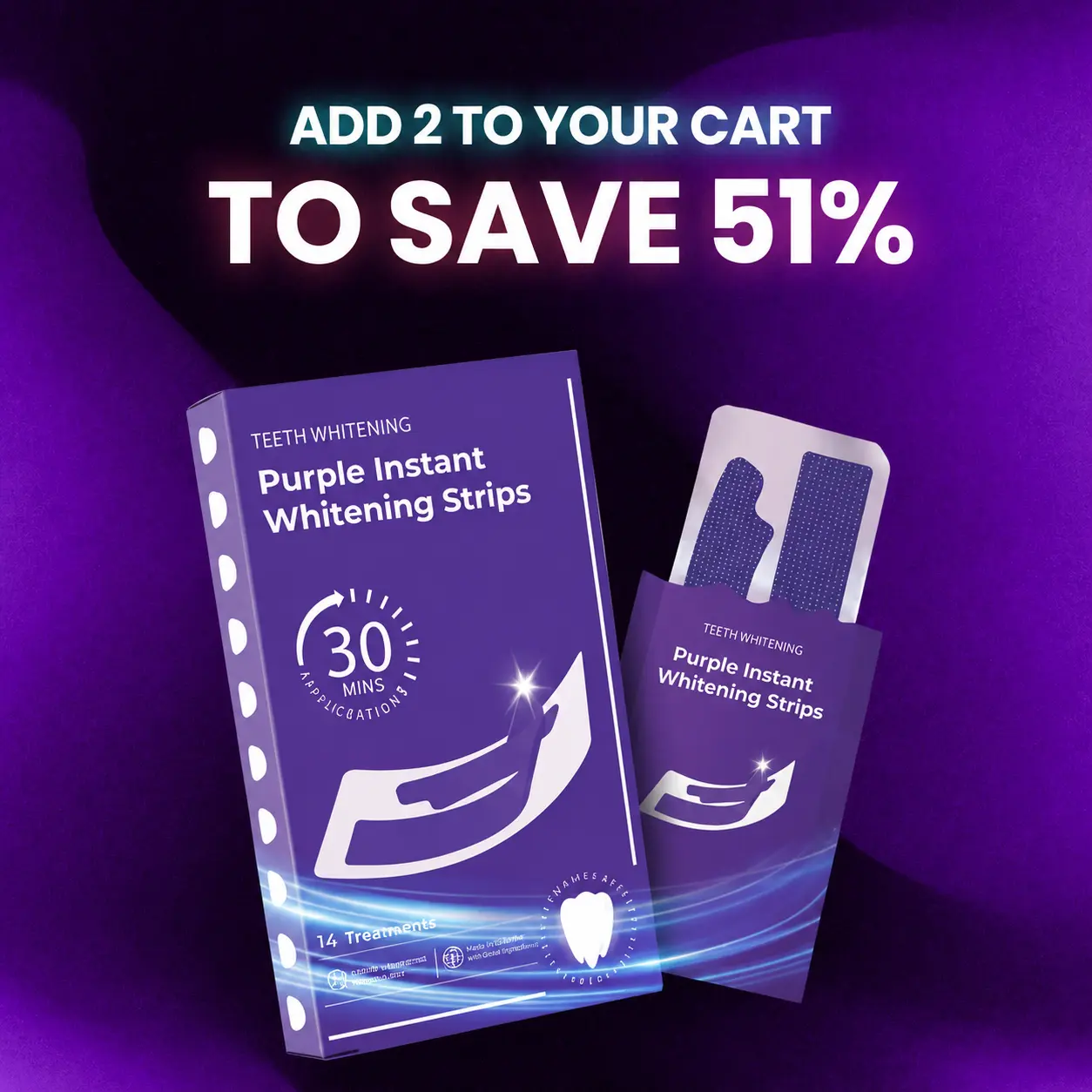 Purple Teeth Whitening Strip, Whitening Strips, 14-day treatment (14 Packets - 2 Strips per pack) - Non-Slip, Dry Strip Technology | Purple Teeth Whitening Strips - 14/28 Whitening Sessions - Non Sensitive Teeth Whitening - Peroxide-Free, Home Dental Care