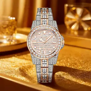 Ladies' Round Two-Tone Gold Radium Dial Wristwatch Fashionable Diamond Design Bracelet Watch Baguette/Round Full Diamond Customized Watch Adjustable Size Hip-Hop Style Timepiece
