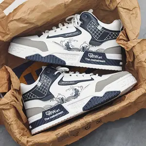 1pair Men'S Fashion Skateboarding Sneakers - High-Top Midsole with Lace-Up Closure, Faux Upper, Cartoon Wave Pattern, Comfortable Non-Slip PVC Sole, Breathable Fabric Lining - Casual Street Style Shoes for Outdoor Activities - For Men - Sui