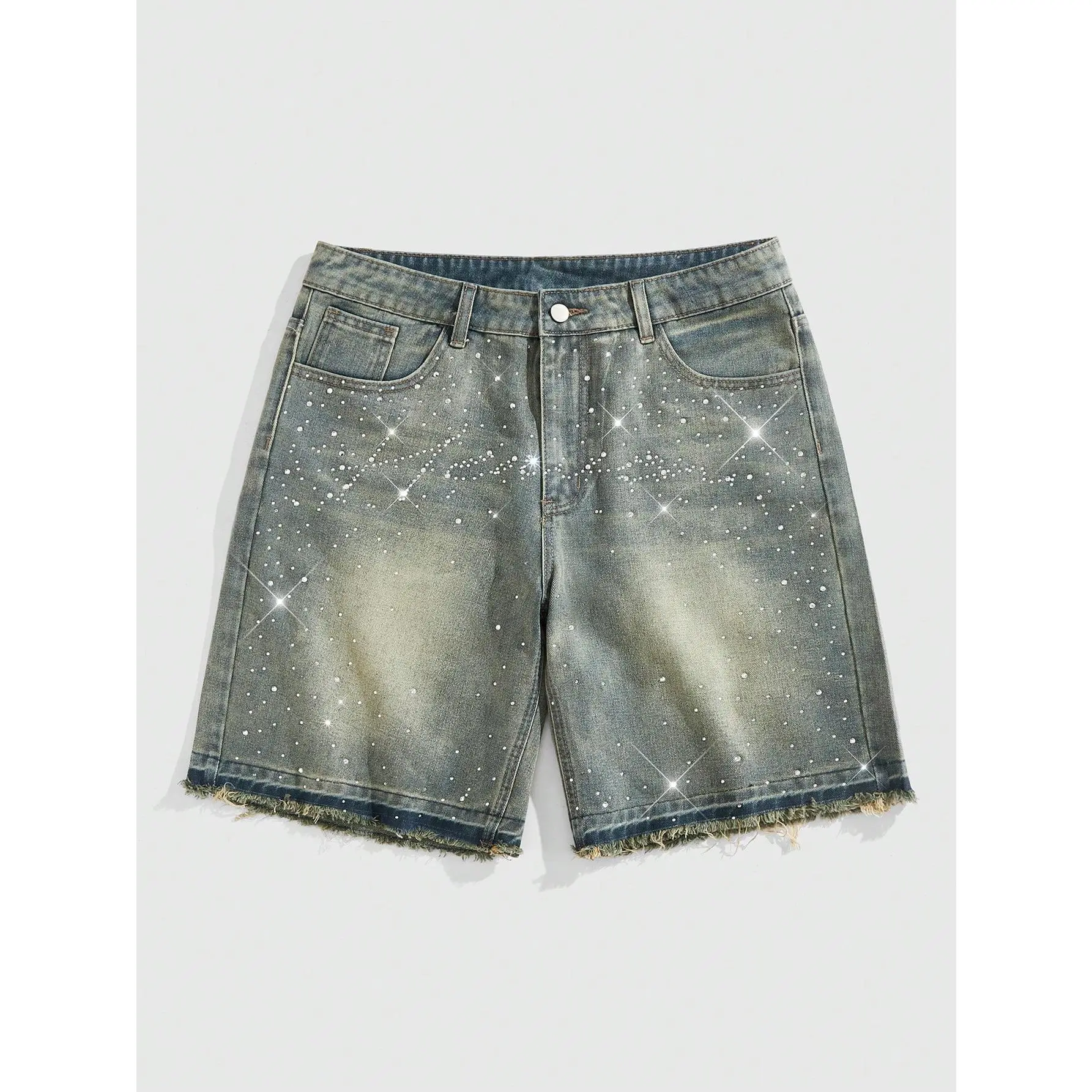 DealsForYouDays Glitter Rhinestone Denim Shorts Frayed Raw Hem Straight Leg Street Jean Shorts