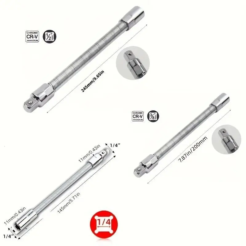 1/2 Inch 35cm Multifunctional Socket Wrench Set - 3 Bendable Shafts, Wrench Extender, Connecting Rod - Car Repair Tools, Cars Accessories, Field Repair Tools for Home Use, Father's Day Gifts, Extenders
