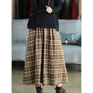 Plus Size Women's Casual Holiday A-Line Long Dress, Plaid Print, Elastic Waist, Pocket Design, Fall Winter BestsellerGift