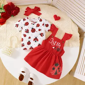 Baby Girls Outfit Ladybug Full Print T-Shirt+Overall Dress+Headband 3-Piece Summer Clothing From 6m-3y Ready Stock 22503046