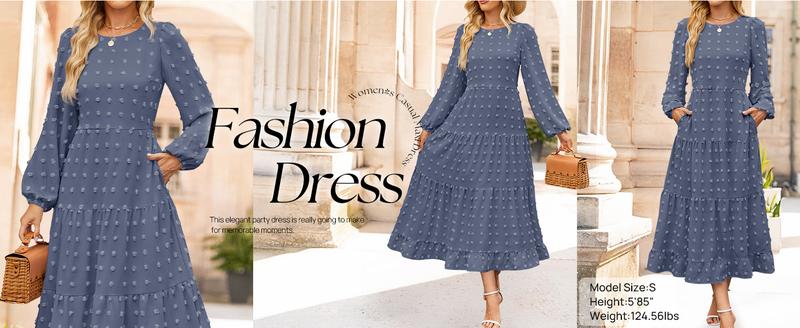 ZESICA Women's Fall Long Sleeve Maxi Dresses 2026 Crew Neck Swiss Dot Tiered Flowy A Line Wedding Cocktail Party Dress