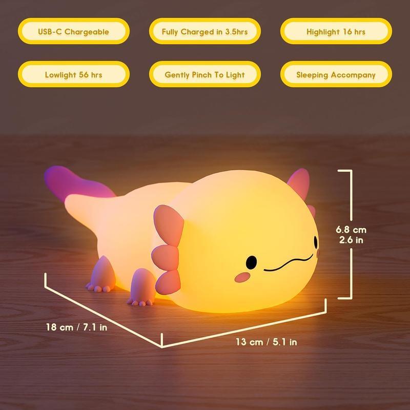 2025 Pink Axolotl Night Light - Squishy Silicone Animal Lamp, 2-Level Touch LED light for Kids Room & Dorm, Dimmable Warm White, USB Rechargeable, Eye Protection