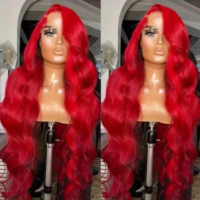 32 Inch Red Colored Lace Frontal Human Hair Wigs Pre Plucked 180% Density 13X6 Lace Front Wig Human Hair HD Transparent Lace Frontal Body Wave Wigs Colored Human Hair Wigs For Women